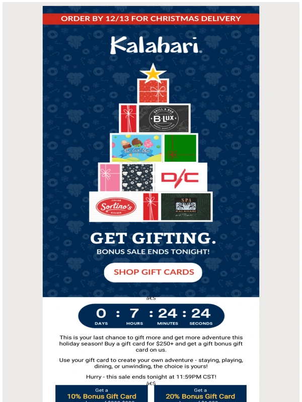 Kalahari Resorts - ?LAST CHANCE: Bonus Gift Cards Sale Ends Tonight!