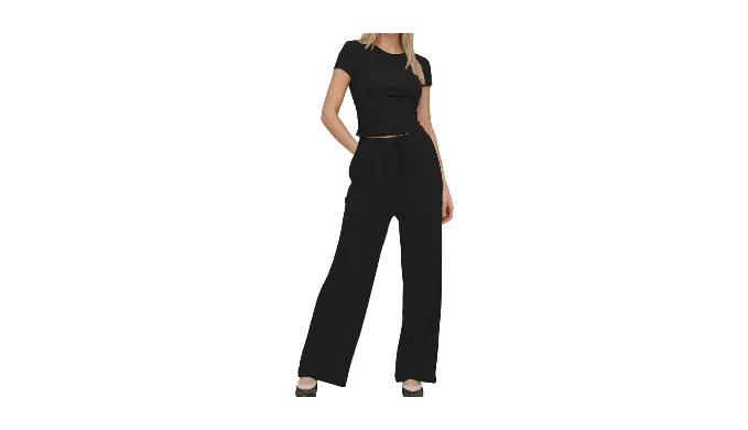 Womens 2 Piece Lounge Sets Ruched Short Sleeve Crop Top High Waisted Wide Pants Tracksuit Sets Airport Loungewear XS-2XL
