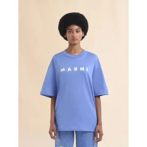 Marni Light blue jersey cotton T-shirt with Marni Scribbled logo