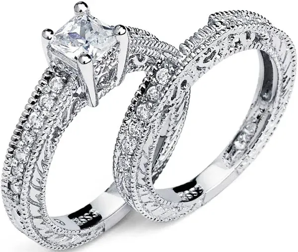 Sterling Silver 925 Princess Cut Carved Cubic Zirconia Bridal Set
