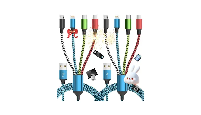 Dual Type-C 4 in 1 Charging Cable, (2 Pack 5FT) Multi Charging Cables for All Devices,Universal USB Cable Adapter 2 USB-C/IP/Micro Port for Cell Phones Tablets Samsung Galaxy PS & More