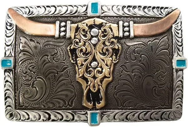 Crumrine Men's Floral Engraved Rectangle Cow Skull Buckle