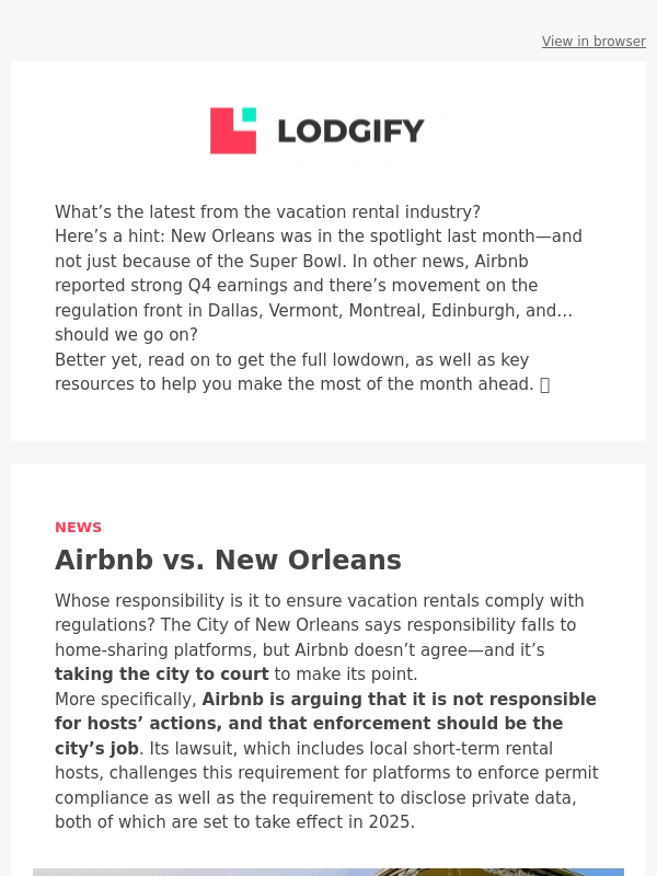 Lodgify - Airbnb vs. New Orleans ? + February's Top News