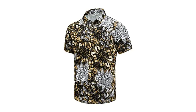SheLucki Mens Hawaiian Shirts Short Sleeve Casual Button Down Shirts Summer Tropical Floral Beach Shirt Flower White Gold 3XL