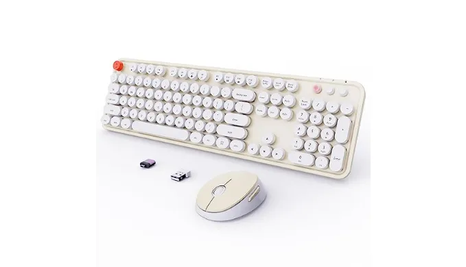 Wireless Keyboard and Mouse Combo, Ergonomic Full Size Typewriter Retro Round Keycaps Keyboard, Compatible with Windows, PC, Perfer for Home and Office Keyboards (Beige
