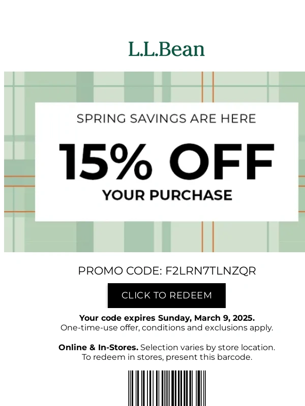 LL Bean - Final Hours for 15% OFF