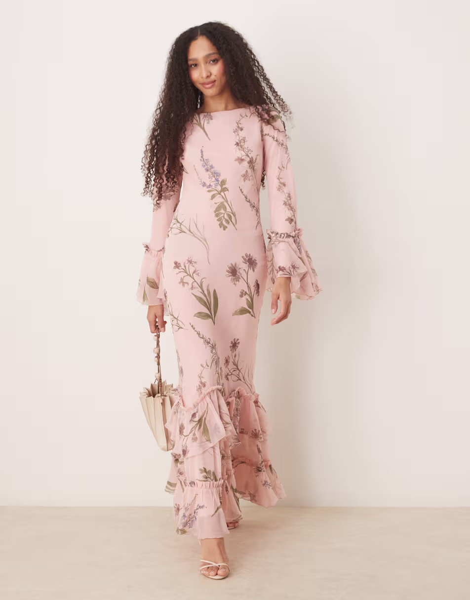 ASOS DESIGN tiered ruffle long sleeve chiffon maxi dress in floral print