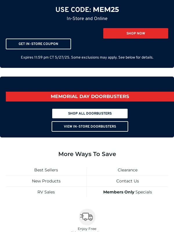 Camping World - Extra $25 off $150,plus up to 70% off doorbusters