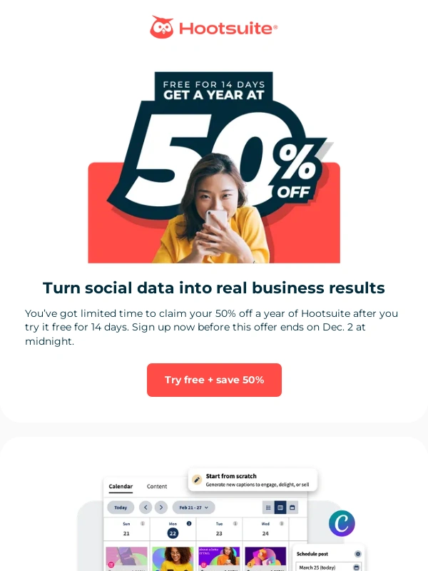 HootSuite - Hurry! 14 days free + 50% off annual plans ⏳