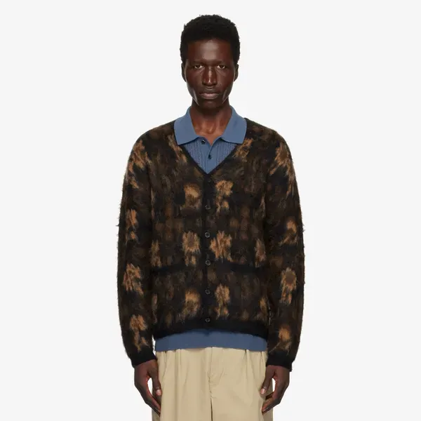 Beams Plus Brown Double Jacquard Botanical Pattern Cardigan