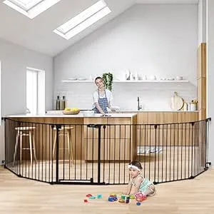 COMOMY 150" Extra Wide Baby Gate with Door, Dog Gates for The House Doorways Fireplace, Auto Close Baby Fence Play Area, Walk Through Pet Gate, Hardware Mounted Baby Gate, 6-Panels (30" Tall, Black)