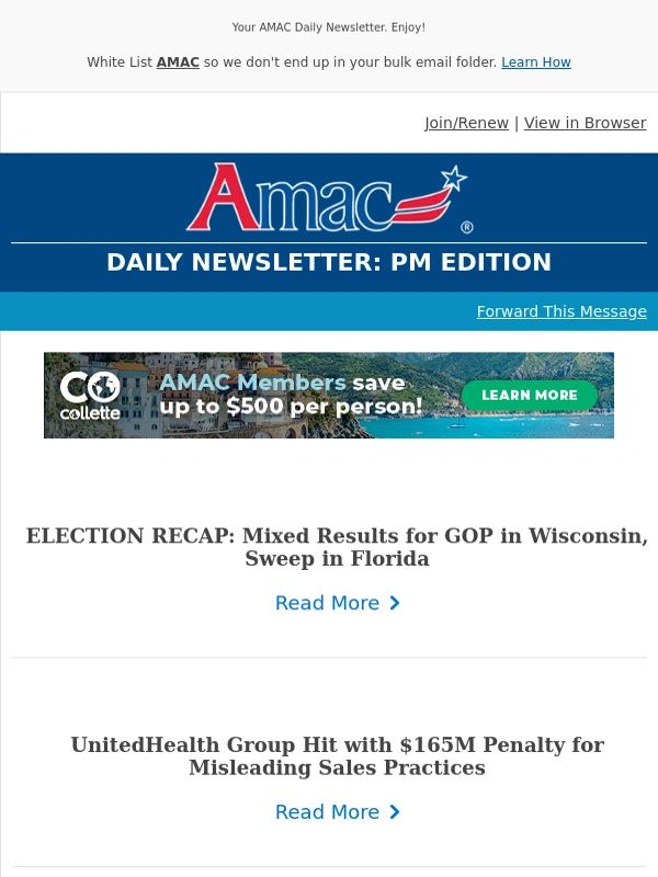 AMAC - ELECTION RECAP: Mixed Results for GOP in Wisconsin,Sweep in Florida - Your AMAC Daily Newsletter: PM Edition