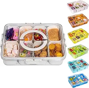 Divided Snack Serving Tray with Lid and Handle travel Snackle Box Charcuterie Container Portable Storage Organizer for Candy, Fruits, Nuts, Snacks 1Pack White
