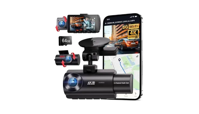 QCONTROL 4K 5G WiFi 3 Channel Dash Cam Front and Rear Inside, 4K+1080P+1080P Dash Camera for Cars, GPS Dashcam, Car Camera with 3-Inch Screen, IR Night Vision, 24Hr Parking Mode, G-Sensor, 64GB Card