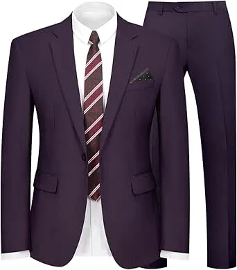 WYWK 2 Piece Men's Suit One Button Slim Fit Suit for Men Solid Color Blazer and Pants Tie and Square Wedding Business Party Purple
