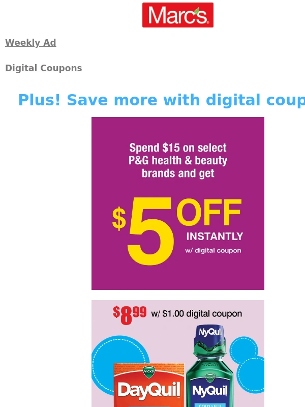 MARCS - $5 OFF Instantly when you spend $15 on select P&G health & beauty brands