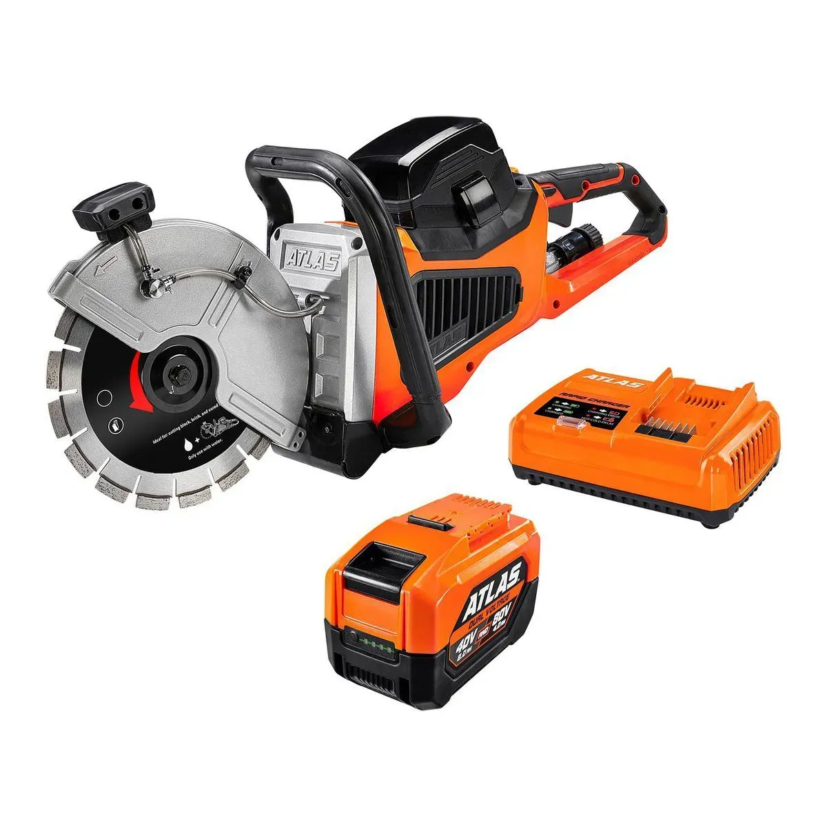 ATLAS 80V Brushless Cordless, 9 in. Concrete Cut-Off Saw Kit with 4 Ah Battery and Rapid Charger