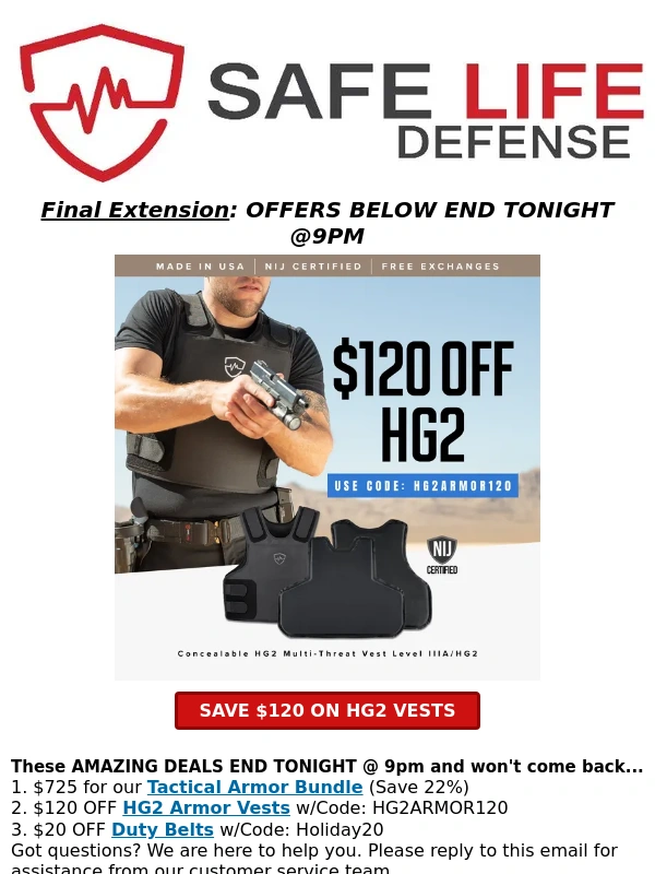 Safe life Defense - ⚠️ EXPIRES @ 9PM TONIGHT: $120 OFF HG2 Body Armor 