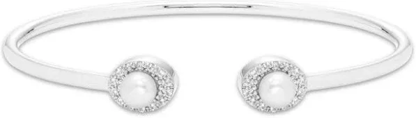 Sterling Silver Cultured Pearl and Round-Cut White Lab-Created Sapphire Cuff Bangle Bracelet