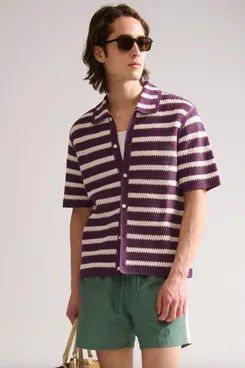 Abercrombie & Fitch Crochet-Style Striped Button-Through Sweater Polo