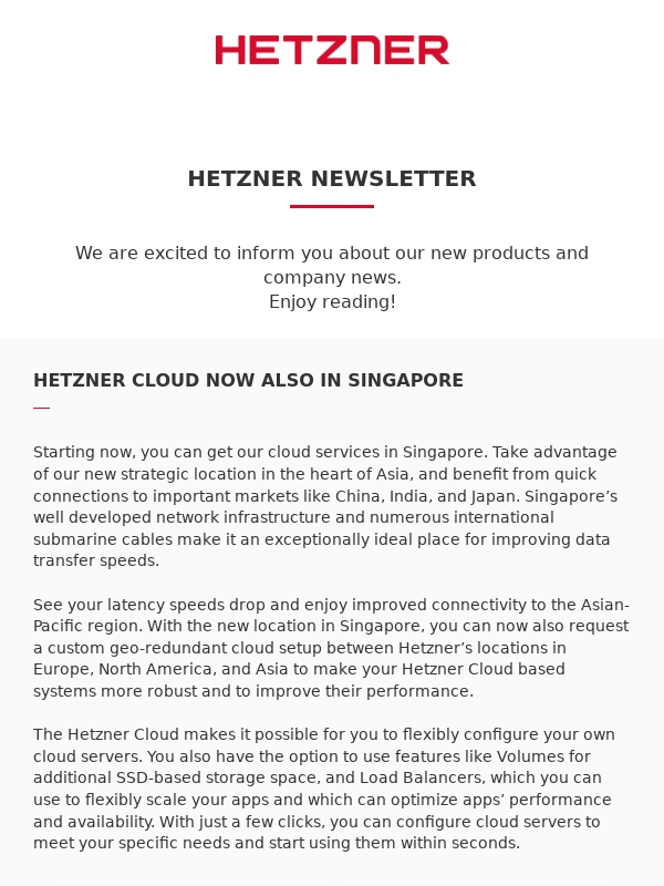 Hetzner - Hetzner Cloud now also in Singapore