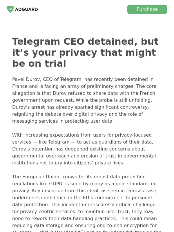 AdGuard - ? Telegram CEO arrest: How will this impact your digital privacy?