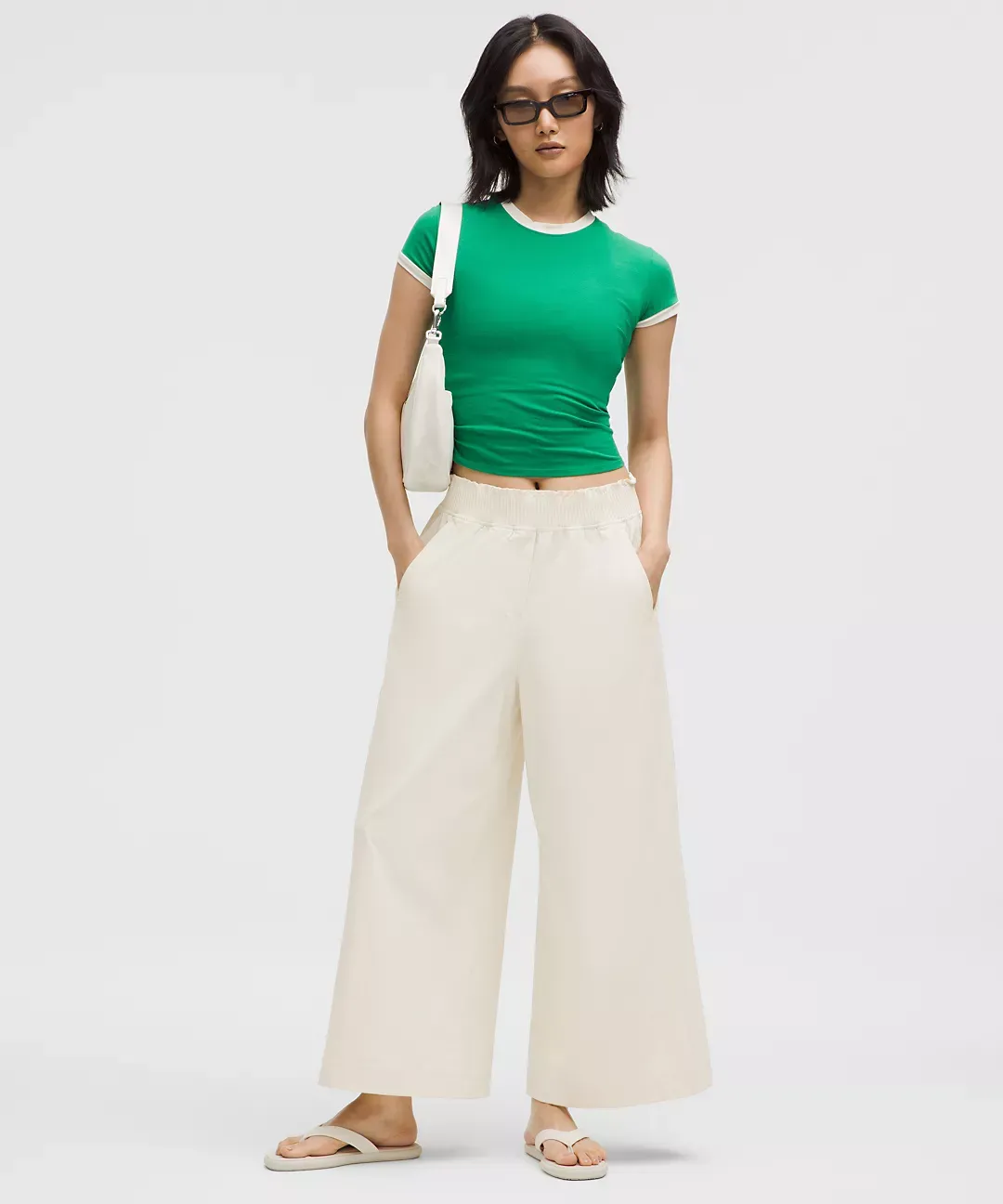 Stretch Woven Ruffle-Waist Wide-Leg Cropped Pant
