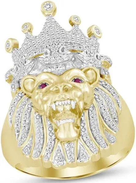10K Yellow Gold 1/2 Ct tw Round-Cut Diamond & Ruby Lion Ring