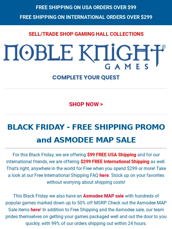 Noble Knight - Black Friday is Here - Free USA and International Shipping Promo! Plus: Asmodee MAP Sale on Now