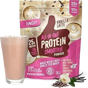 FlavCity - Grass Fed Whey Protein Powder, 25g Protein, 10g Collagen, 60mg Caffeine, Vanilla Latte, 20 Servings