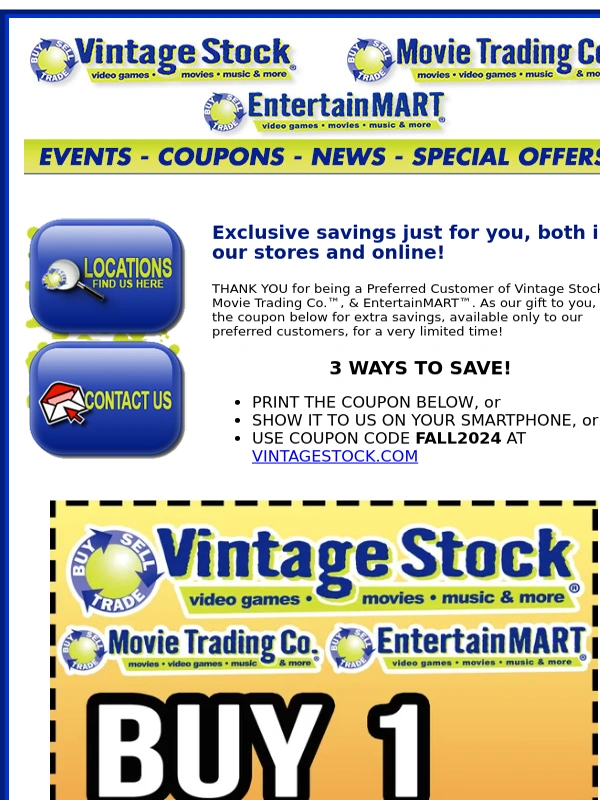Vintage Stock - Buy 1,Get 1 Free under $25 coupon!