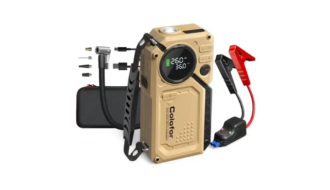 Portable Car Jump Starter with Air Compressor, Emergency Vehicle Battery Booster with LED Light, 2500A Peak 150PSI Tire Inflator, 12V 18000mAh Battery Booster Pack for 8.5L Gas / 6.0L Diesel Engines