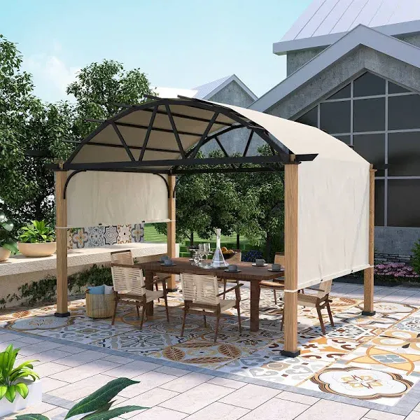 10 ft. x 13 ft. Wood Grain Aluminum Outdoor Pergola with Arched Canopy