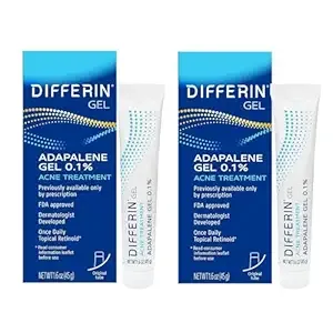 Differin Acne Treatment Gel, 180 Day Supply, Retinoid Treatment for Face with 0.1% Adapalene, Gentle Skin Care for Acne Prone Sensitive Skin, 45g Tube, Pack of 2 (Packaging May Vary)