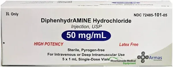 Diphenhydramine Hydrochloride 50 mg/mL Single-Dose Vial 1 mL x 5 Per Box by Armas