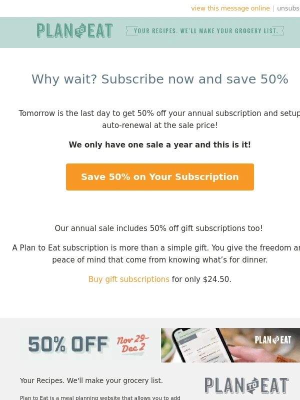 Plan to Eat - Why wait? Subscribe now and save 50%