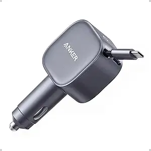 Anker USB-C Car Charger, 75W Max, Ultra-Compact, Type-C Fast Charger with Built-in Retractable USB-C Cable, Car Adapter for iPhone 16/15 Series, MacBook Pro/Air, iPad, Galaxy, AirPods, and More