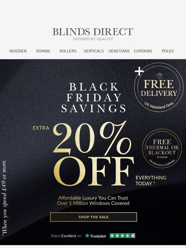 Blinds Direct - Ends tomorrow: 20% off everything and FREE delivery in Black Friday Savings