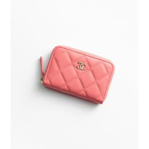 Chanel Classic Zipped Coin Purse Grained Shiny Calfskin & Gold-Tone Metal Pink
