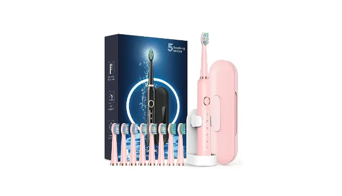 Rtauys M5 Sonic Electric Toothbrush for Adults and Kids – Rechargeable Electric Toothbrush Kids Ages 12+ and Adults with 8 Brush Heads & Travel Case, 120 Days Battery Life – Pink