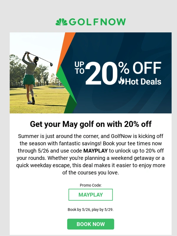 GolfNow - Use code MAYPLAY to save up to 20% off Hot Deals