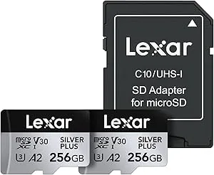 Lexar 256GB (2-Pack) Professional Silver Plus Micro SD Card, UHS-I, C10, U3, V30, Full HD & 4K, Up to 205/150 MB/s microSDXC Memory Card, for Videographers, Gamers (LMSSIPL256G-B2ANU)