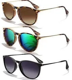 3-Pack CHBP Unisex Polarized UV Protection Retro Round Mirrored Lens Trendy Sunglasses (Black/ Leopard Green/ Leopard Brown)