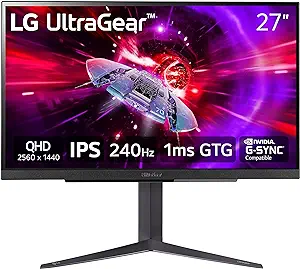 LG 27" UltraGear QHD (2560x1440) Gaming Monitor, 240Hz, 1ms, VESA DisplayHDR 400, G-SYNC and AMD FreeSync Premium, HDMI 2.1, DisplayPort, 4-Pole HP Out DTS HP:X, Tilt/Height/Pivot Stand, Black