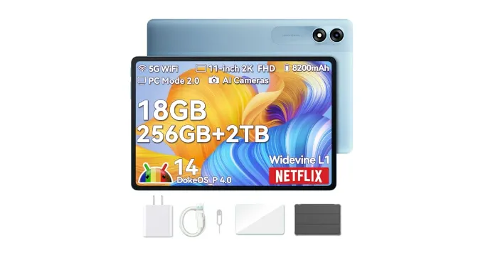 Blackview Tablet 2025, 11 inch Android Tablet with 18GB+256GB Storage(Expand to 2TB), Tab 9 WiFI Android 14 Tablets with 2.4K FHD Display, Widevine L1, 8200mAh, 5G WiFi, 13MP+8MP/Face ID/PC Mode, Blue