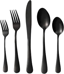 Rygten QU 20-piece Black Silverware Set, Stainless Steel Flatware Set, Cutlery Set For Home Kitchen, Tableware Set Service for 4, Dishwasher Safe