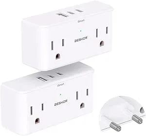 2-Pack Beshon Travel Plug Adapter with 4-Outlets & 2x USB-A / 1x USB-C Ports