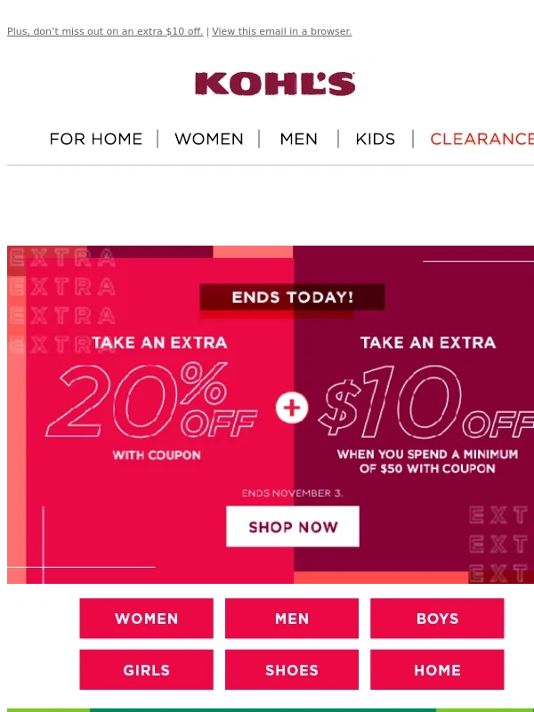 Kohls - Hurry! Extra 20% off + Kohl’s Cash are on their way out ... ?