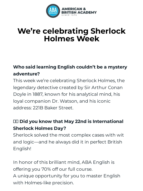 ABA English - ? Celebrate Sherlock Holmes Week with 70% off