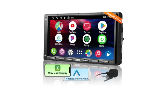 A6G2A7PF Double Din Car Stereo with Wireless Apple CarPlay & Android Auto, 7″ IPS Touchscreen Head Unit Car-Play, GPS Navigation, AI Chat, Bluetooth/WiFi, Subwoofer Support, 2GB+32GB TF Card